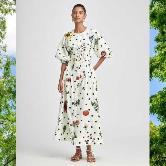 ◇$2,590 NEW OSCAR DE LA RENTA GORGEOUS ECRU MULTI MIDI FLORAL DAY DRESS US 4 - Picture 3 of 9